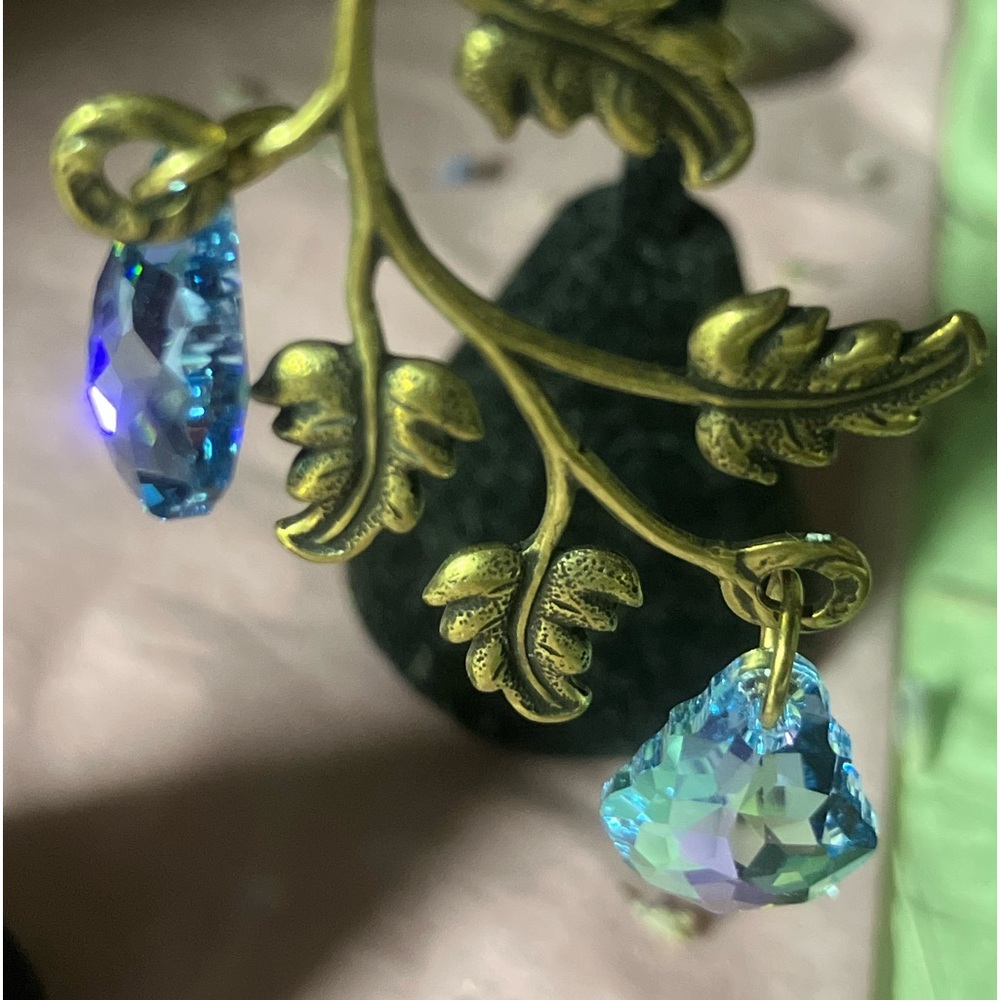 Swarovski Elegant Gold (brass) Leaf Earrings with Blue AB Crystals - Picture 3 of 7